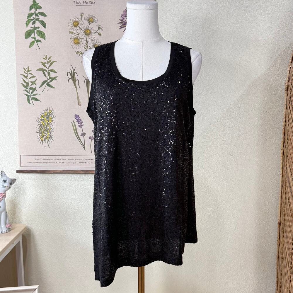 Eileen Fisher Black Silk Sequin Asymmetric Sleeveless Tank Top Party Chic Glam S